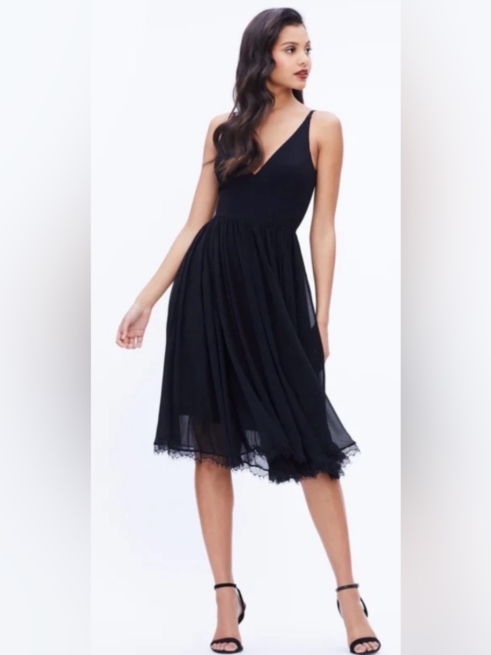 Dress the Population Alicia Dress Lace Black Plunge Cocktail Party Midi Medium - Picture 14 of 15